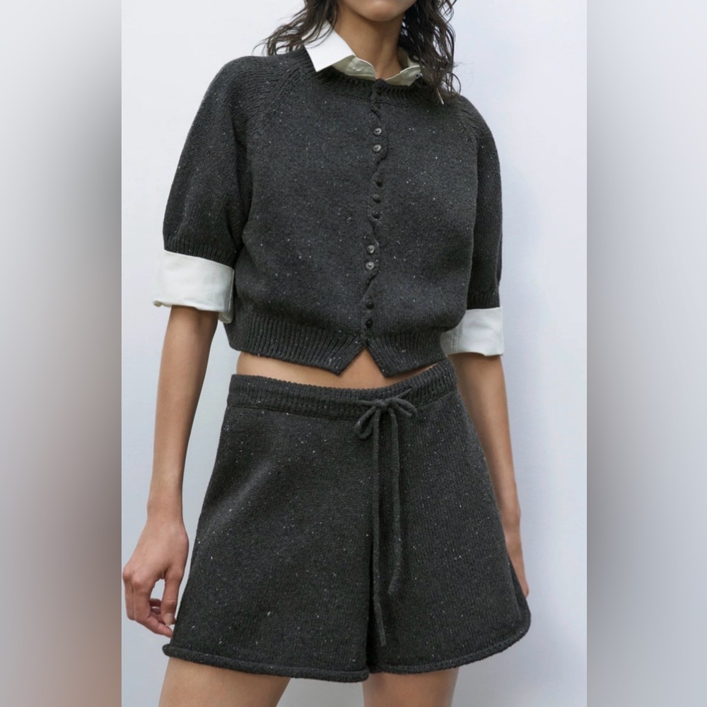 Cordera Heathered gray high waist drawstring knit shorts